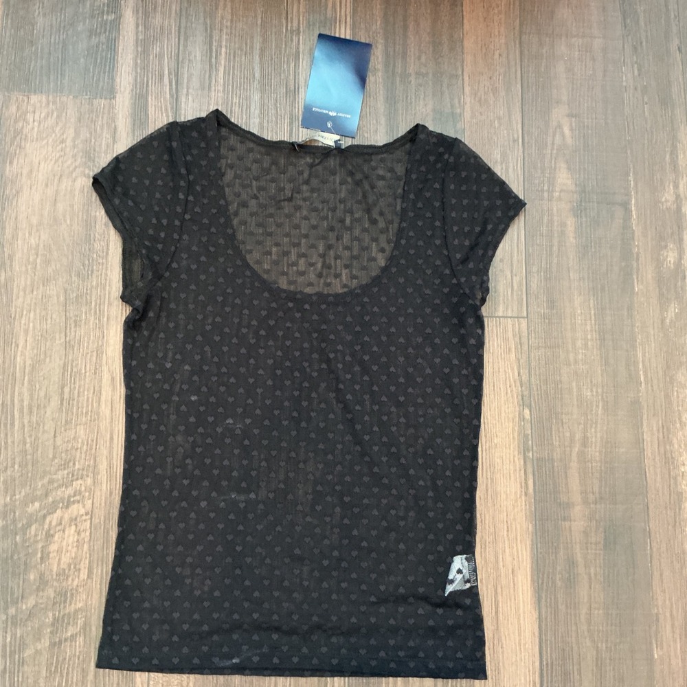 Brandy Melville Heart Pointelle Sheer Mesh Scoop Neck Top Black One Size NWT